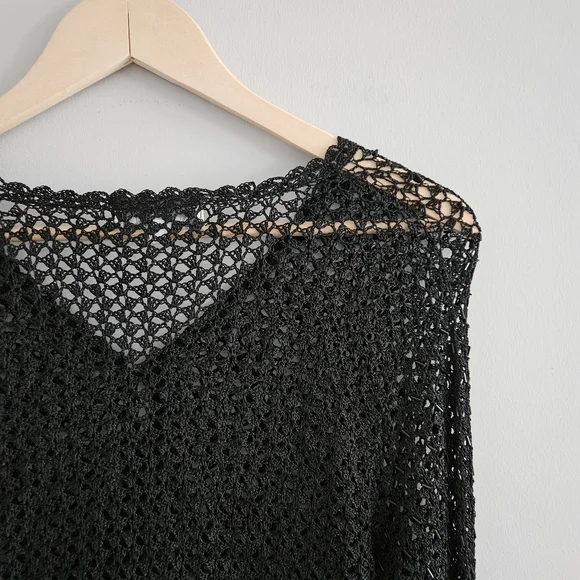 Vintage 90s Y2K Crochet Beaded Cardigan Black Women's M Boho Whimsigoth Festival - Picture 6 of 10
